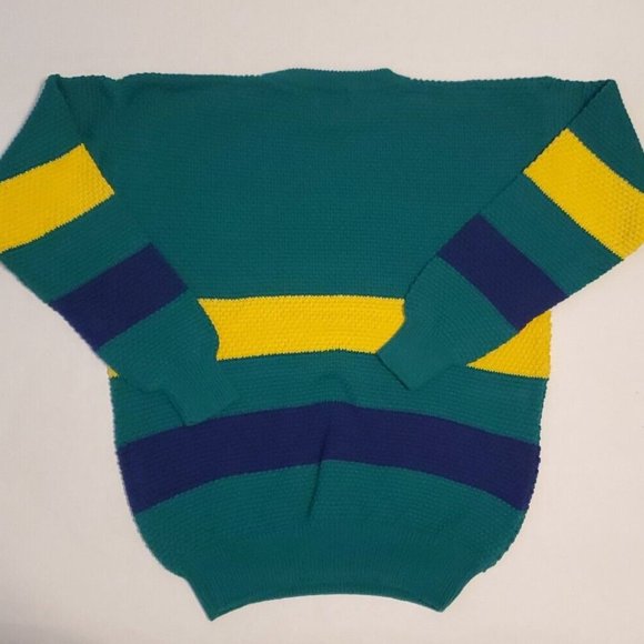 Vintage Izod Chunky Cable Knit Tennis Sweater V Neck Size M Green Blue Yellow - Picture 10 of 10